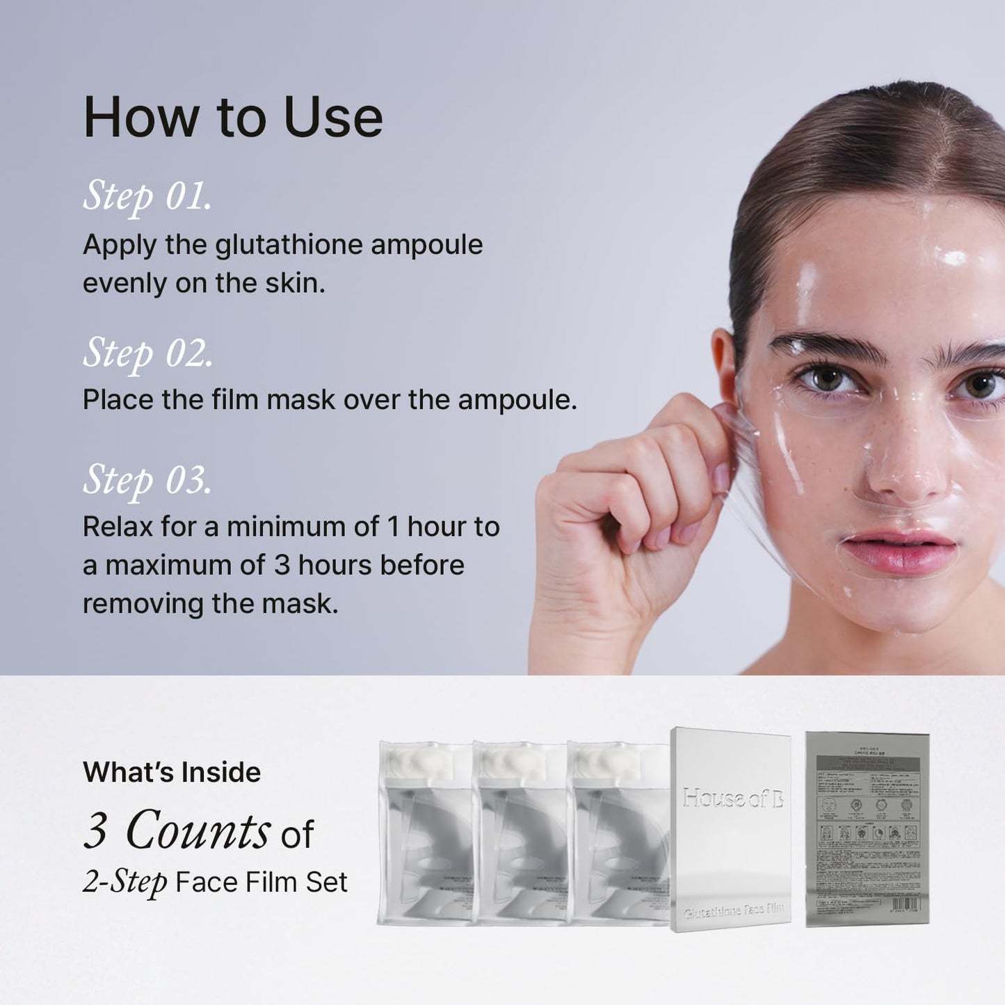 House of B Glow Glutathione 2-Step Face Film Set for Wrinkle Reduction & Skin Tone Enhancement, Shine Your Light with 3 Counts Korean Mask