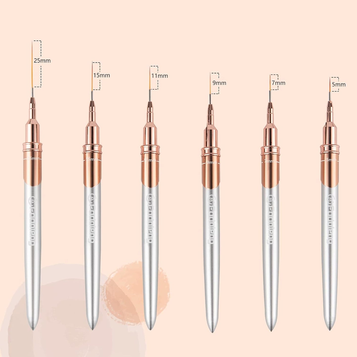 Liner Brush for Nails, 6Pcs Thin Nail Art Brushes Professional Nail Detail Brush for Gel Polish Sizes 5/7/9/11/15/25mm (Silver and Golden)