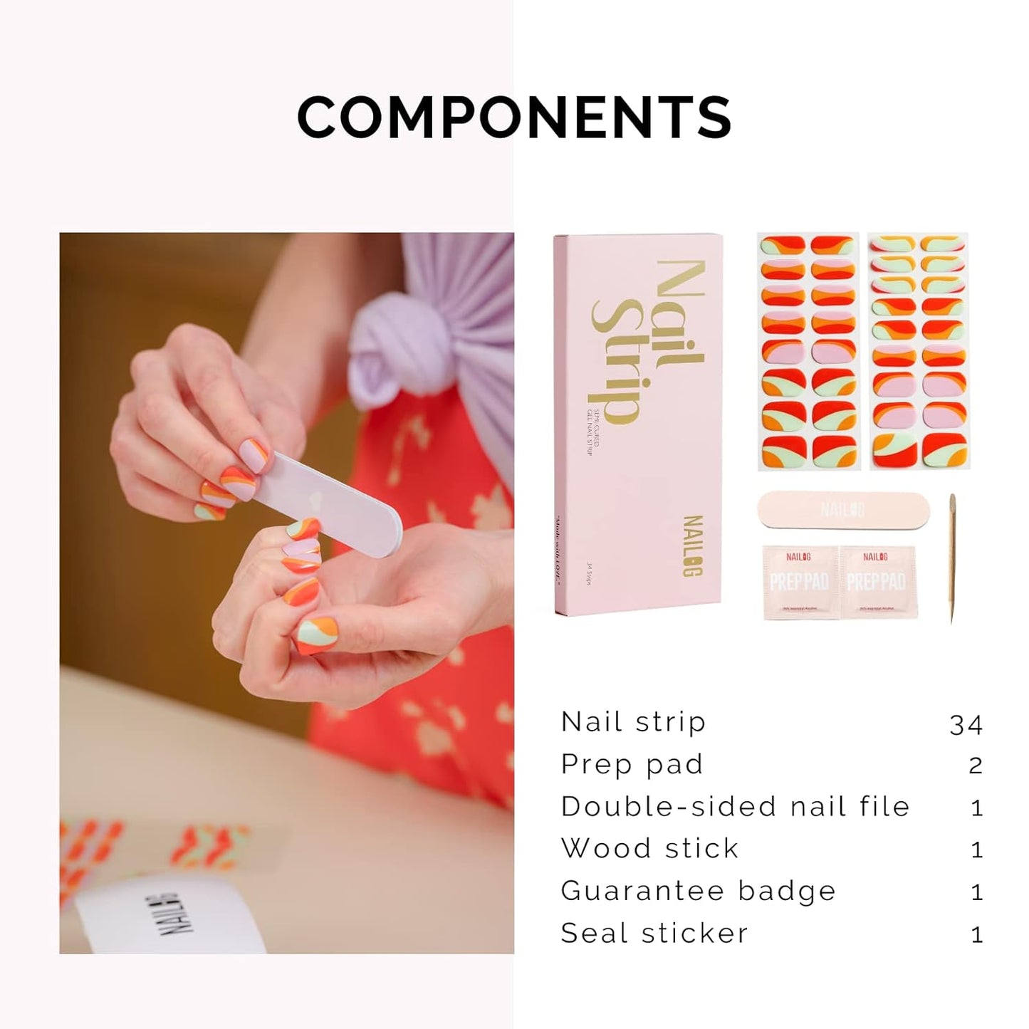 NAILOG Semi Cured Gel Nail Strips, 34 pcs Salon-Quality Gel Nail Stickers, Long Lasting Nail Wraps for Women with Soft Gel Finish | Lollipop