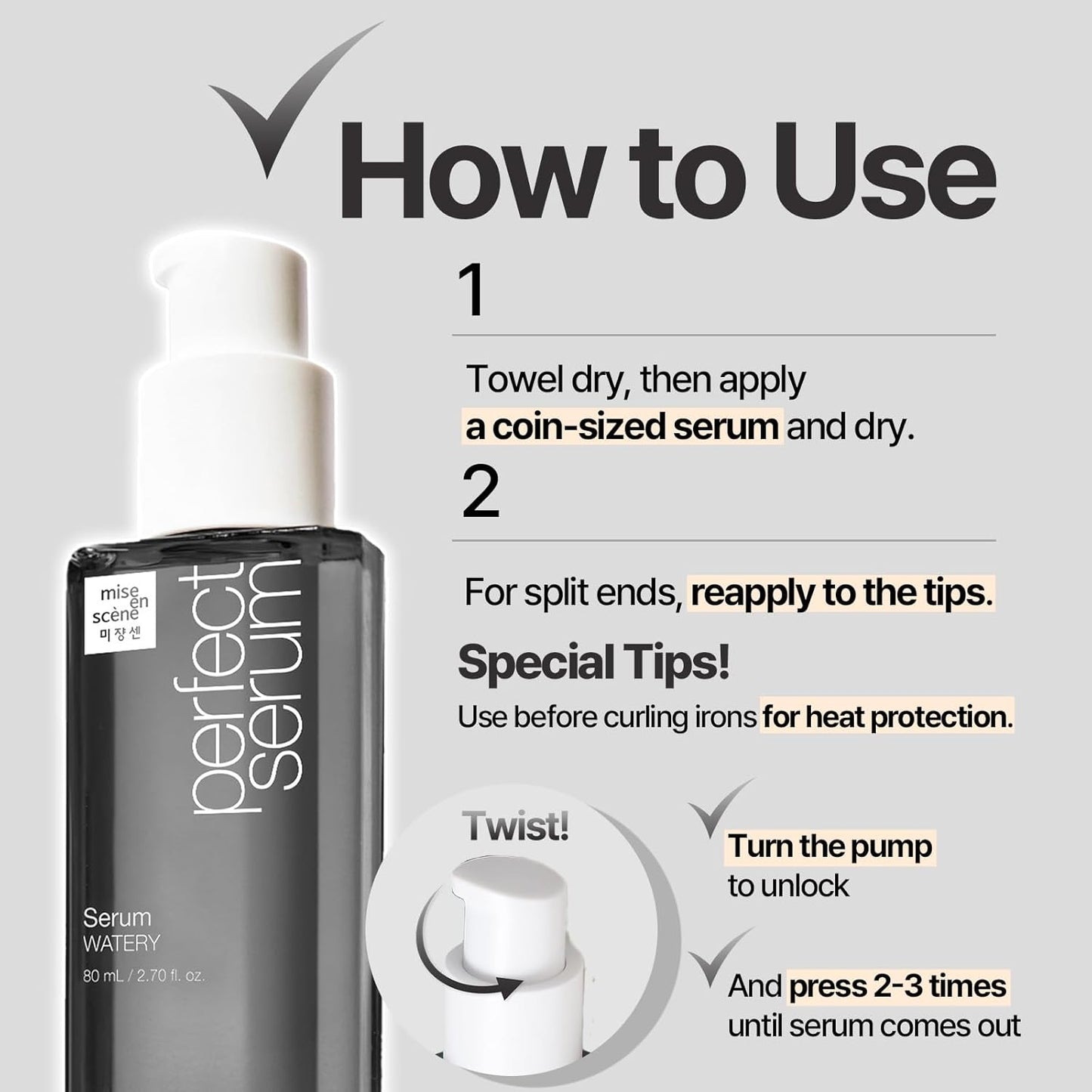 Mise En Scene Perfect Watery Serum for Hair Moisturizing - Korean Hair Argan Oils, Hair Essence for Hydrating with Citrus Scent, Derma Test Completed, 2.70 fl. Oz