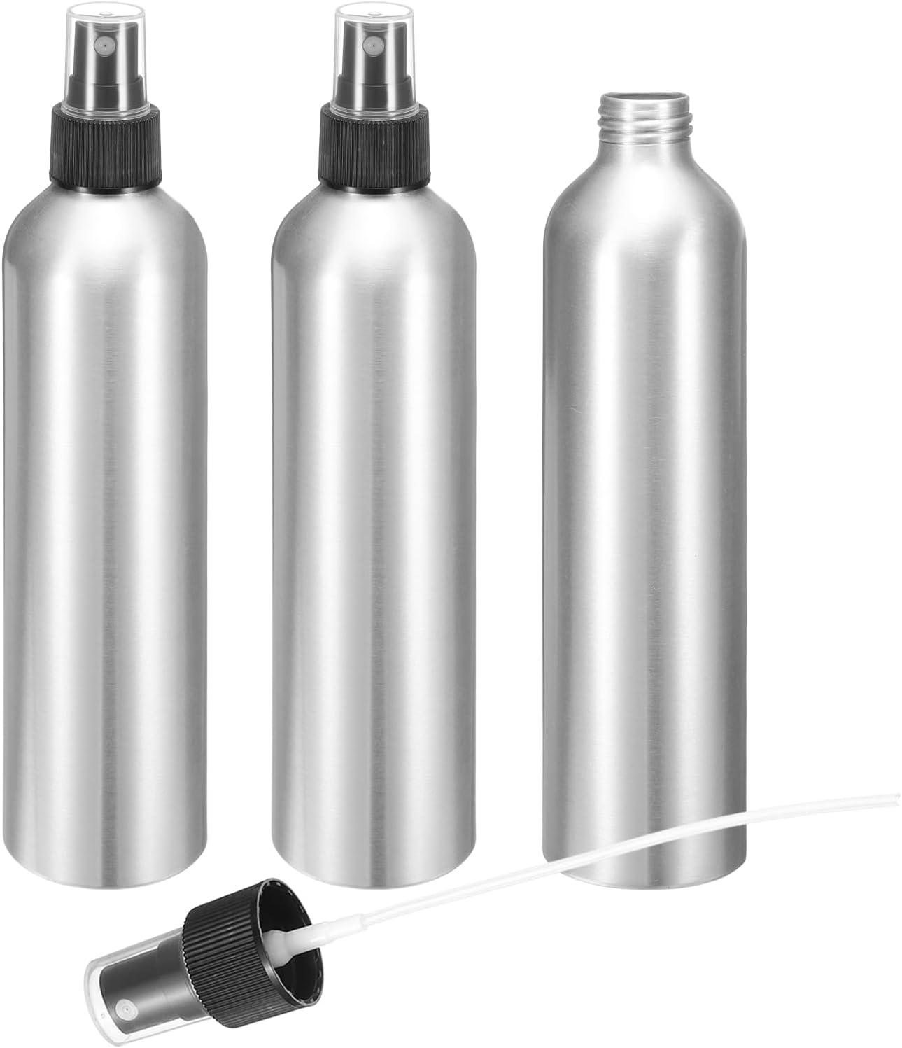 HARFINGTON 3pcs Aluminum Fine Mist Spray Bottles 300ml/10oz Metal Small Liquid Alcohol Refillable Travel Container with Black Plastic Nozzle Cap for Perfume Skincare Cosmetic Storage Bottle