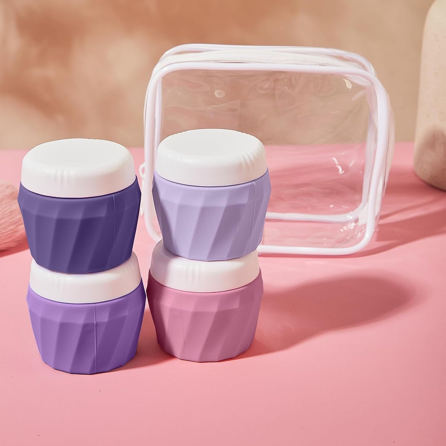Travel Containers for Toiletries, Premium Silicone Cosmetic Cream Jars, TSA Approved Leak-Proof Refillable Travel Size Toiletries with Clear Bag for Cosmetic Face Body Cream (Purple, 1OZ)
