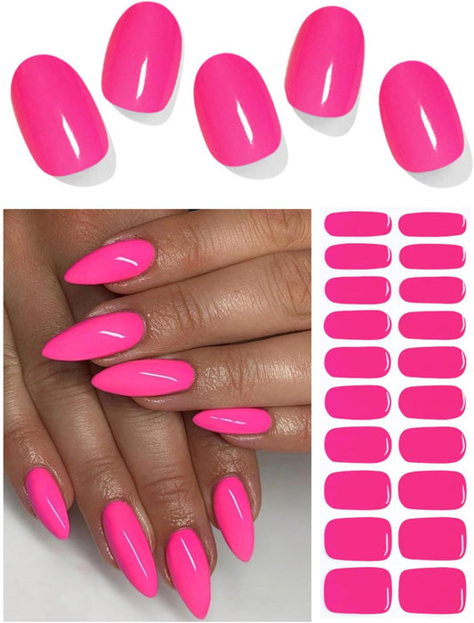 Semi Cured Gel Nail Strips, Hot Pink 20pcs Adhesive UV Sticker, Wraps for Home Manicure DIY