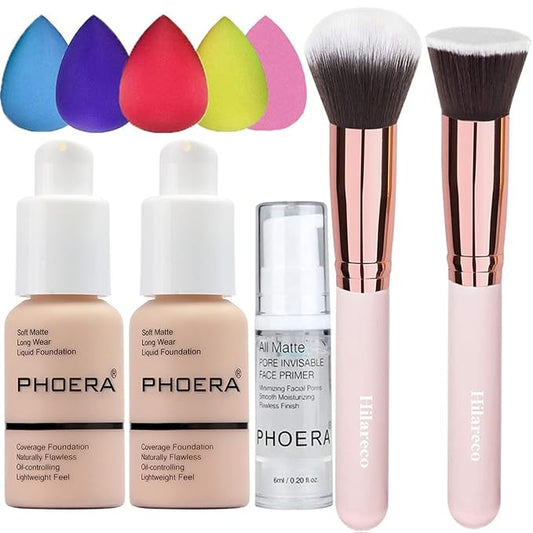 PHOERA Foundation Makeup for Wome Full Coverage Foundation Set,Face Primer Foundation Brush Powder Brush,5 Makeup Sponge,30ml PHOERA 24HR Matte Oil Control Concealer (2 PCS 101 Porcelain)