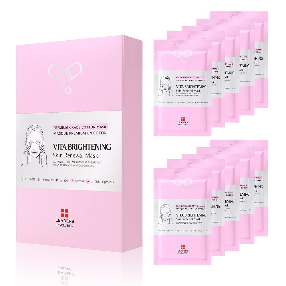 Leaders Insolution VITA Brightening Skin Renewal Mask | Vitamin C & Niacinamide for Dark Spot Reduction and Luminous Glow | 100% Natural Cotton Sheet for Dull Skin (10 Sheets)