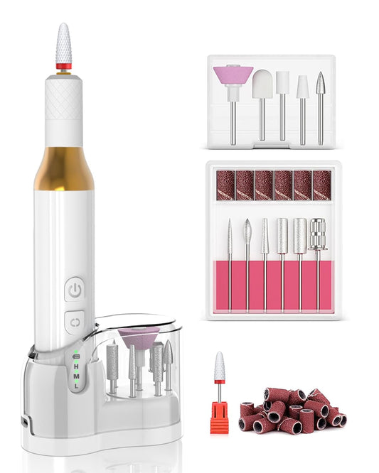 Nail Drill,Cordless Electric Files for Gel Nails E-File Manicure Kit Women Rechargeable Drill para Uñas Profesional Machine Grinder Acrylic White (M918)