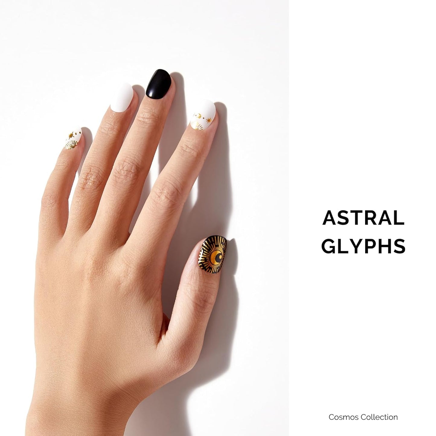 Semi Cured Gel Nail Strips - NAILOG 34 Pcs Gel Nail Stickers Buy 2 Get 1 UV Light | Long Lasting Nail Wraps with Glossy Gel Finish Black, Astral Glyphs