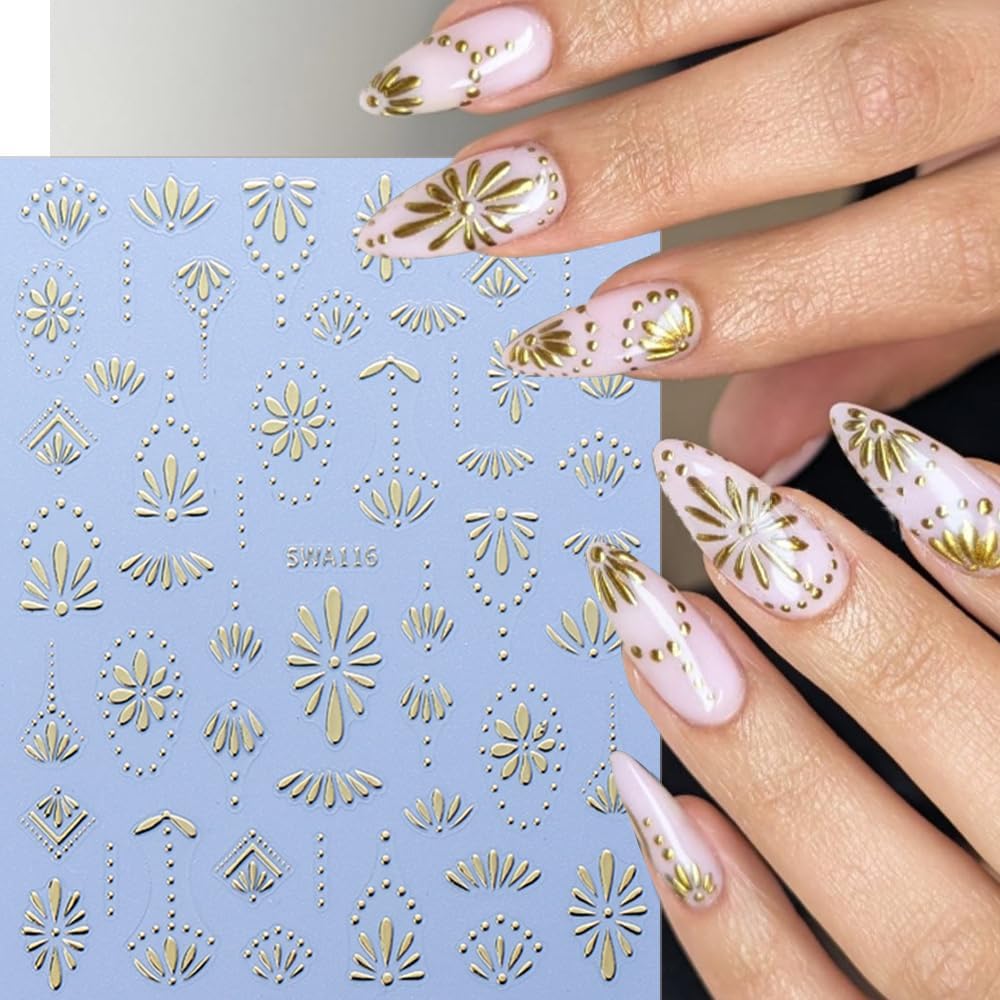 6 Sheets Bohemia Nail Stickers for Nail Art 3D Self Adhesive Gold Silver Blue Flower Nail Decals Flowers French Tip Nail Sticker Retro Bohemian Design Stickers for Women DIY Manicure Supplies