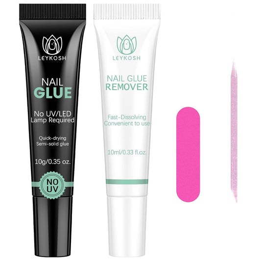 Nail Glue & Nail Glue Remover for Press On Nails, 10g Semi Sold Glue No Curing Needed, 10ml Gentle Quick Remove Not for Gel Polish Base Coat, Upgraded Long Lasting 28+ Days Fake Acrylic Tips