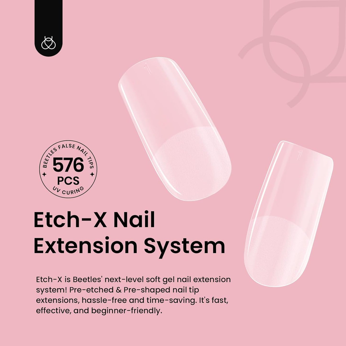 Beetles Gel Nail Tips Etch-X, Square Short, 576Pcs 12 Sizes, Pre-Shaped Half Matte Full Cover Soft Acrylic Fall False Nail Tips Easy DIY Press On Nail Extension Manicure Salon Gift for Women
