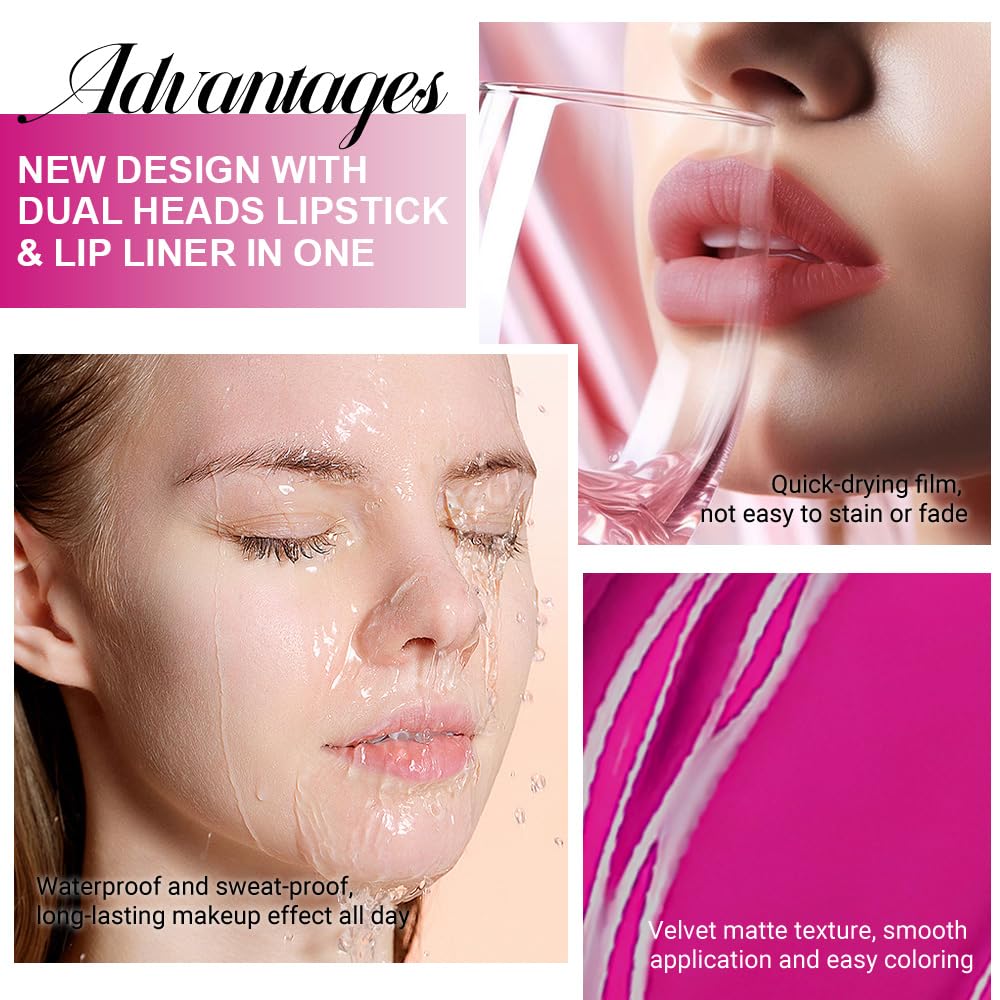 evpct 1Pcs Fuchsia Red Matte Lip Liner & Liquid Lipstick Stain Makeup Set for Women, Fuchsia Lip Liner Stain Long Lasting Waterproof Smudge Proof, Cruelty Free Lip Stick Makeup 24 hours originales, 60