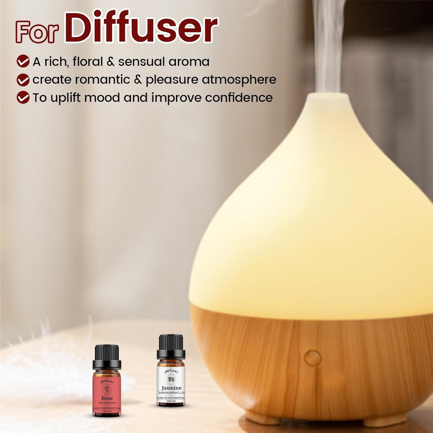 yethious Rose Essential Oil Jasmine Essential Oil for Diffuser, Hair, Skin, Body, Face, Perfume, Soap, Candle Making Rose Fragrance Oil Set Jasmine Oil Organic 2 X 10ML