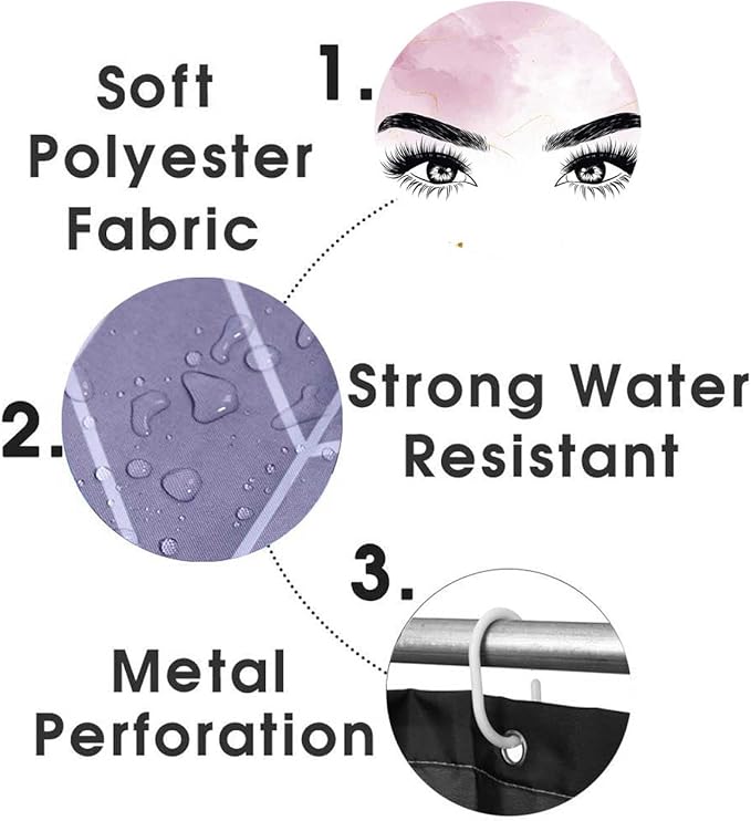 4PCS Hello Gorgeous Eyelash Shower Curtain Set, Gold Glitter Quotes Black Eyebrow Makeup Pink Marble Glam Modern Fashion Girly Women Bathroom Decor, Non-slip Bath Mat Toilet Rug, Charming Eyes