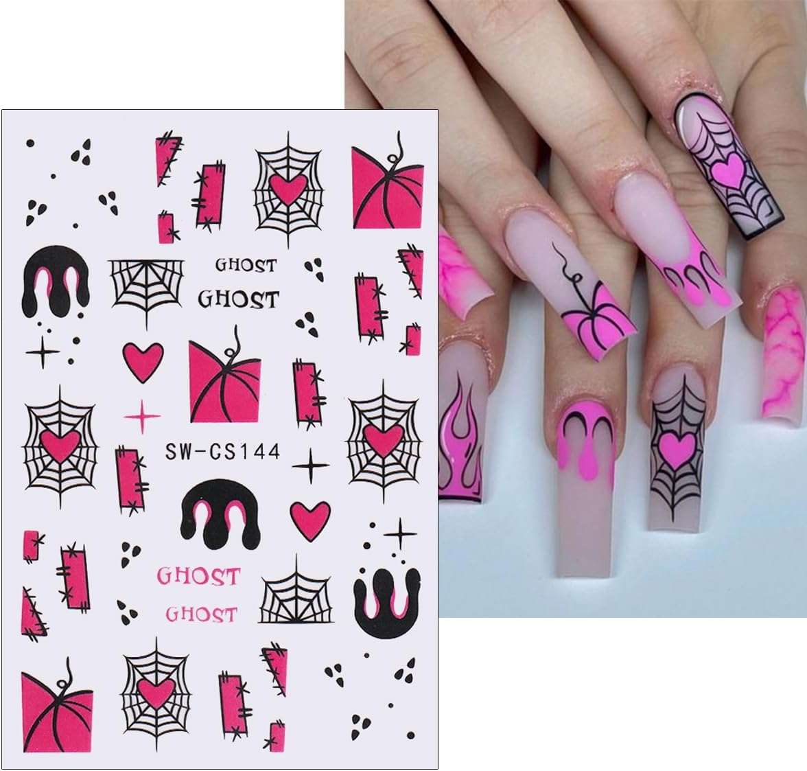 6Sheets Halloween Nail Stickers - Cute Ghost Nail Decals, 3D Self-Adhesive Pink Pumpkin Spider Web Mummy Ghost Nail Art Design Stickers for Women