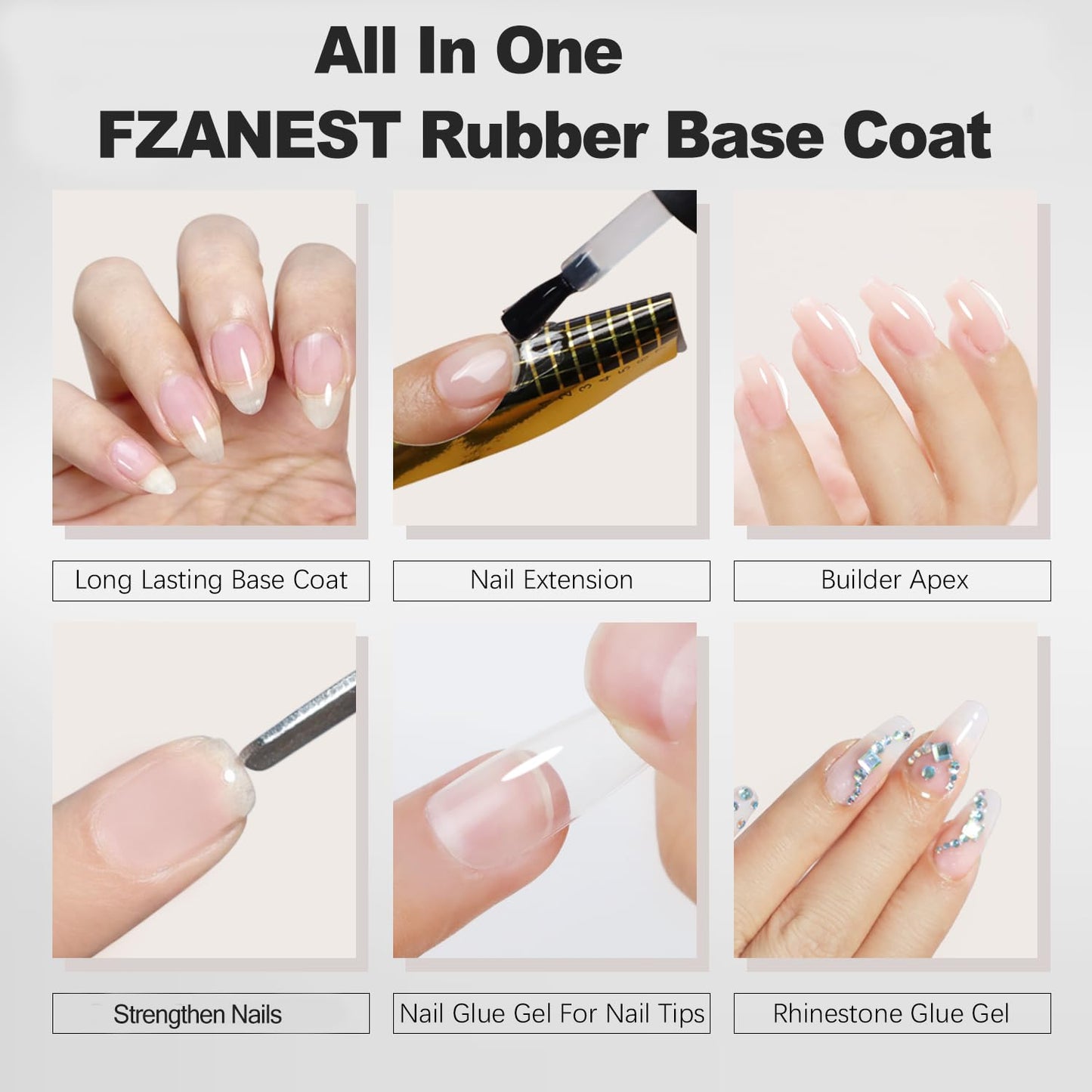 FZANEST Hema Free Rubber Base Builder Gel For Nails, Rubber Base Coat for Nail Strengthen Apex Building Extension Long Lasting Protect in A Bottle Soak Off UV LED Clear Gel Nail Polish