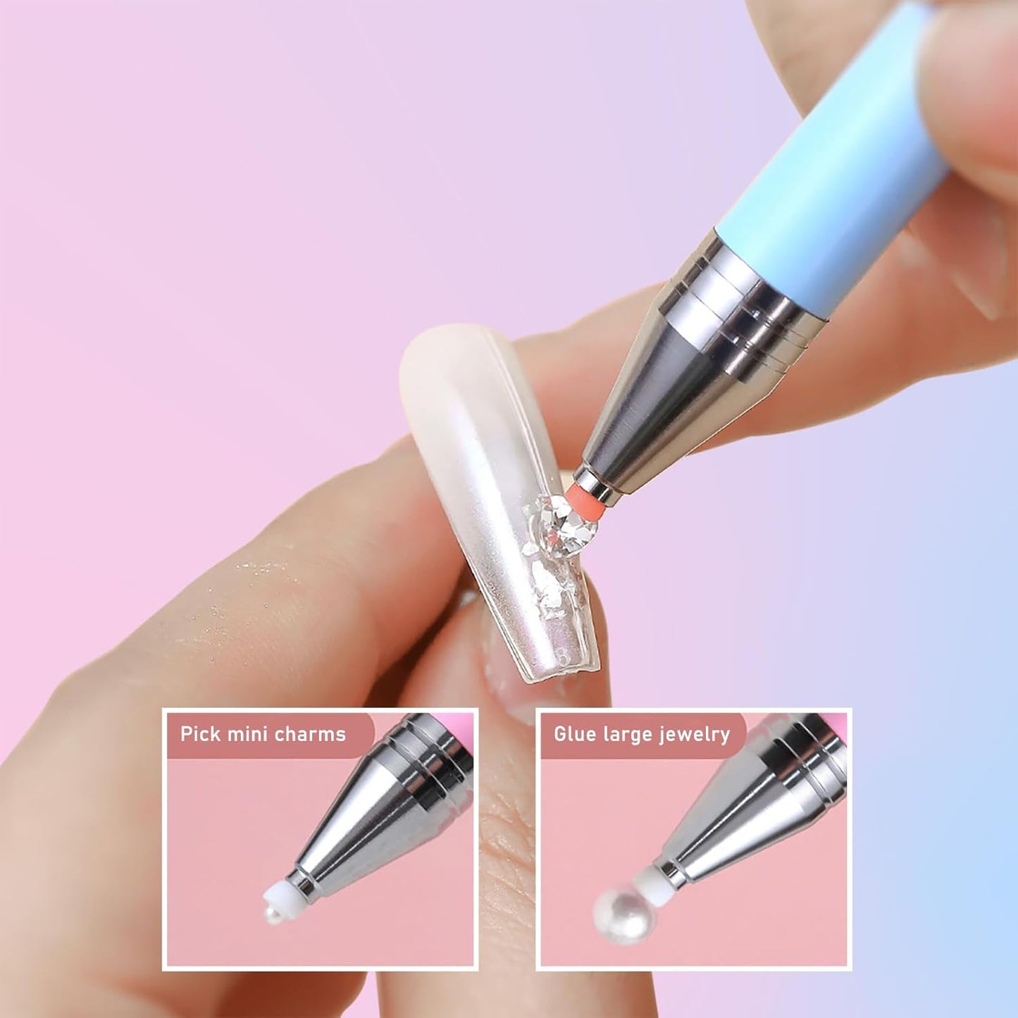 WOKOTO 1 PCS Nail Art Rhinestone Picker Pens With 1 Box Spare Silicone Clay Tool Blue Pink Gradient Rotating Push Nail Diamond Art Painting Dotting Pen Refillable Wax Pen For Nails Gems Picker Tool