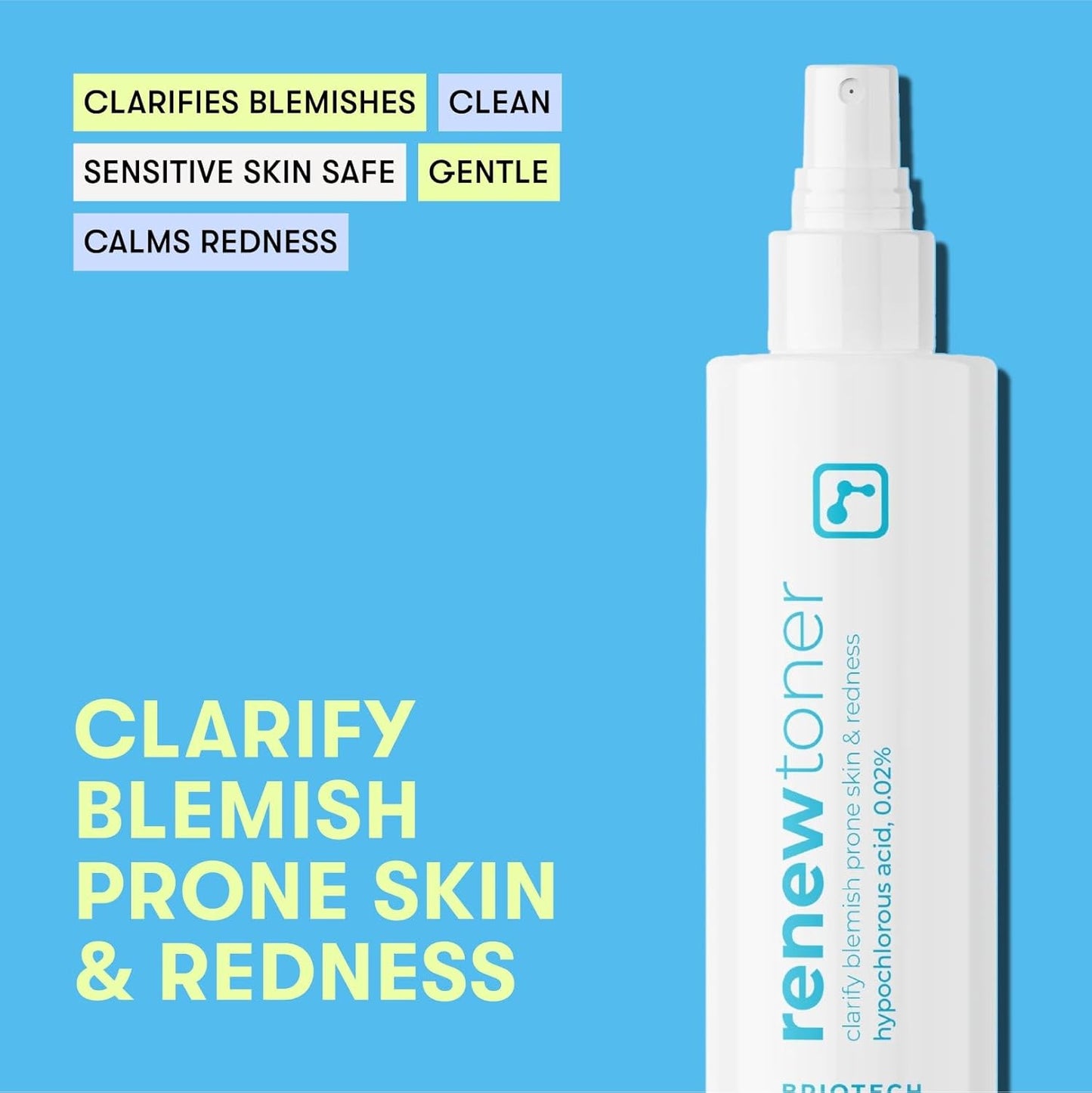 BRIOTECH Renew Toner, Hypochlorous Acid Spray, Minimize Appearance of Blemishes, Soothing Facial Mist for Sensitive Skin, Calm Redness & Bumps, Vegan, 2 fl oz Travel Size