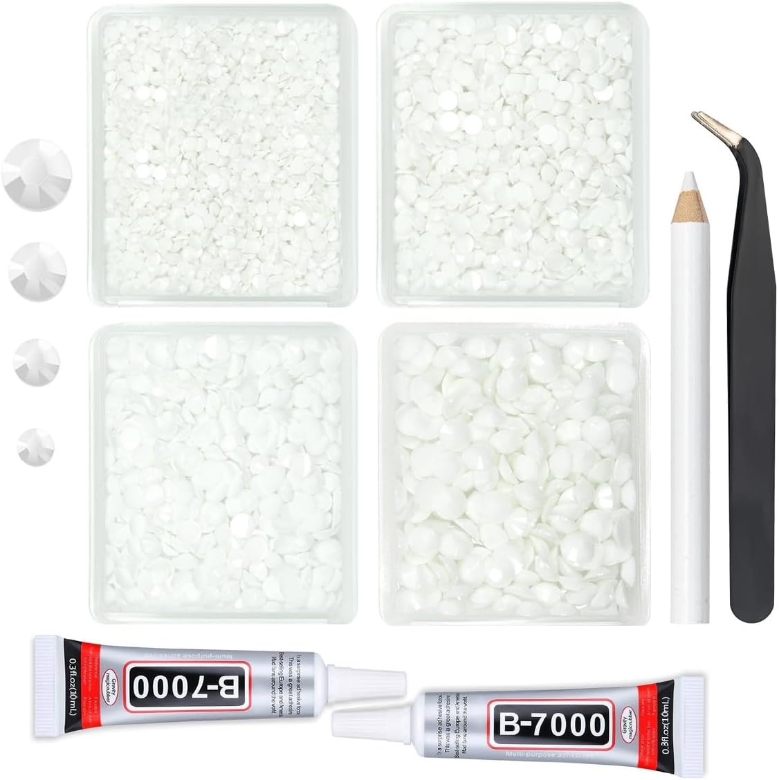 Pure White Resin Rhinestones w B7000 Jewelry Glue for Bedazzling Crafting 3mm 4mm 5mm 6mm Flatback Jelly Stones Bulk SS10 SS16 SS20 SS30 Diamonds Gems for Nails Face Makeup Tumblers DIY Crafts
