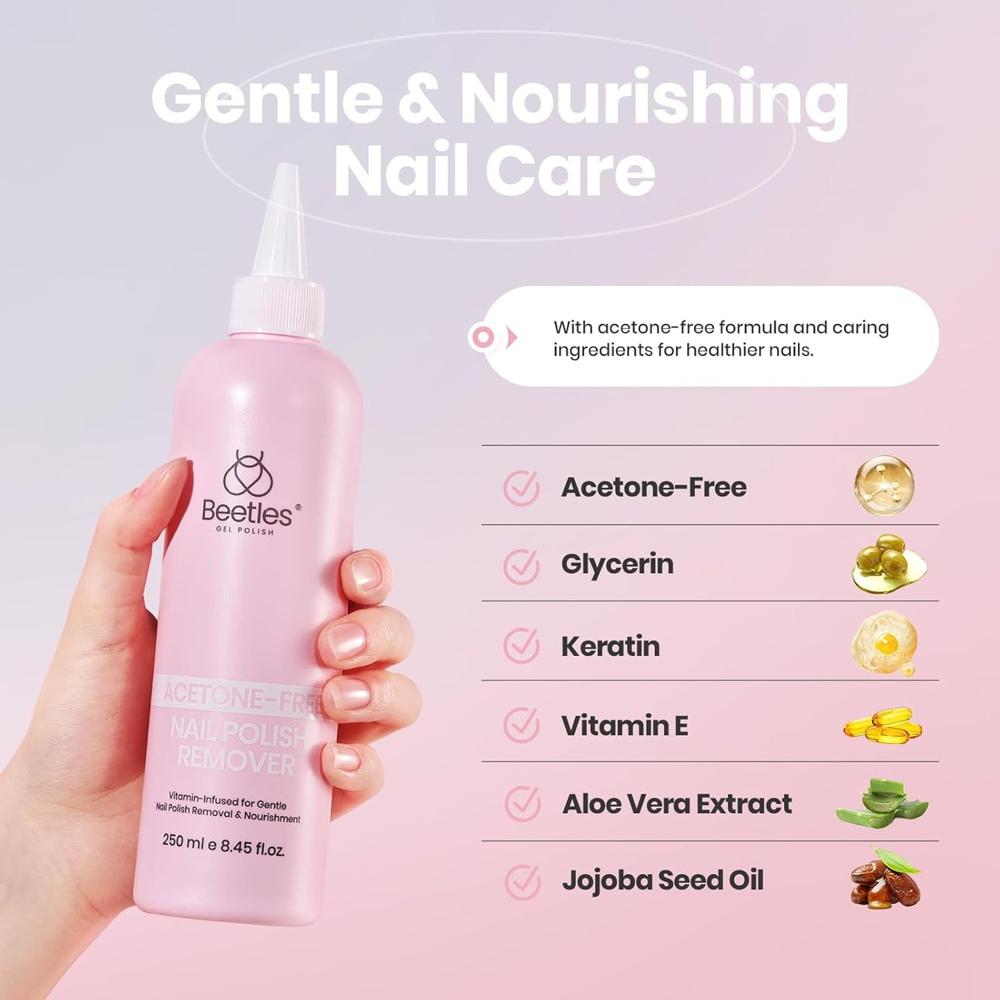 Beetles Non Acetone Nail Polish Remover - 0.67Fl Oz/20ML Nourishing Formula Acetone Free Nail Polish Remover - Non-Drying - Professional Quick and Gentle Removal for Natural Damaged Nails