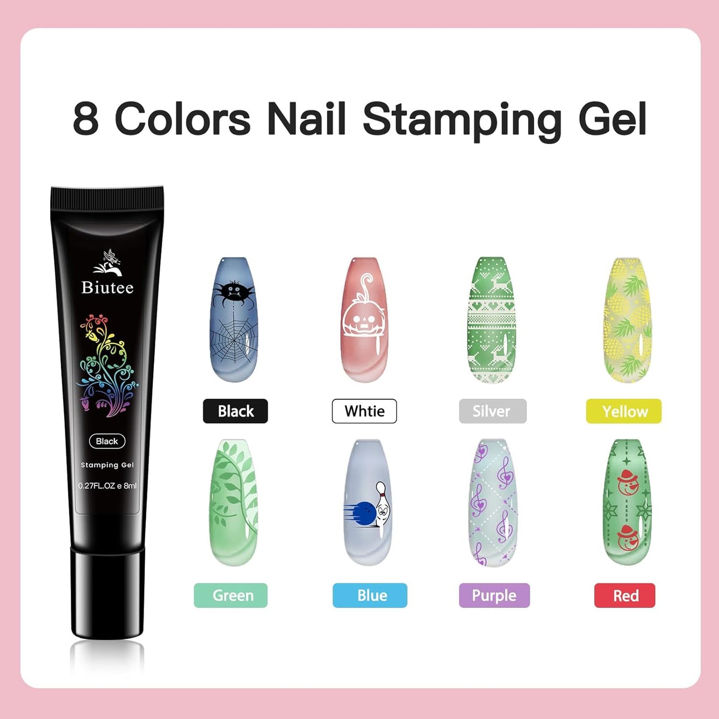 Biutee Nail Stamping Plates 8PCS Nail Stamping Polish Gel and Nail Stamper Kit 10 PCS Nail Art Stamper Plates, French Flower Leaves Animal Lace Halloween Design (10 PCS Plates With 8 PCS Gel)