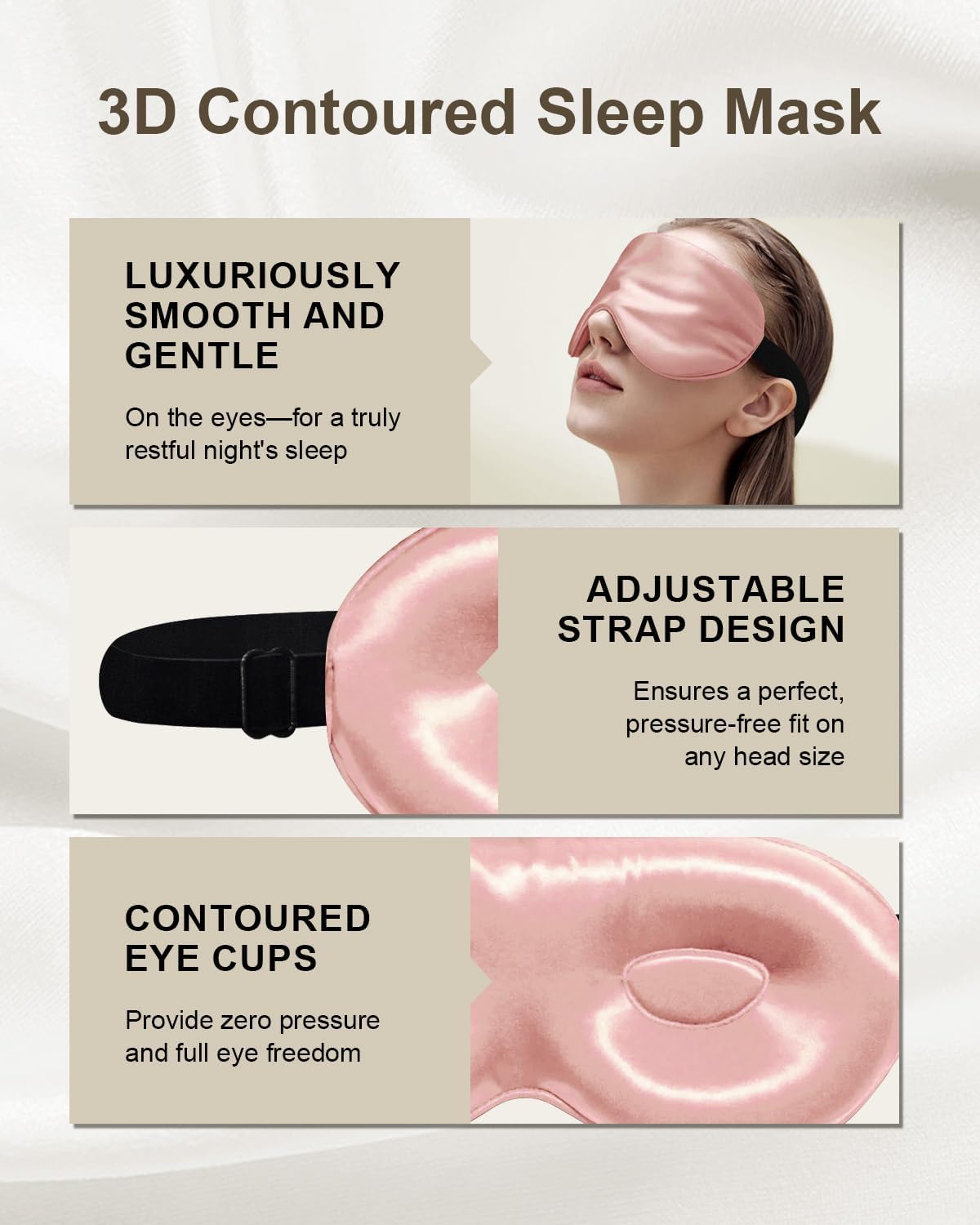 Luxury 22 Momme 100% Mulberry Silk Sleep Mask – 3D Eye Mask with Adjustable Strap, Gentle on Skin and Eyes, Provides Complete Light Blockage for Deep Sleep (Pink, Adjustable)