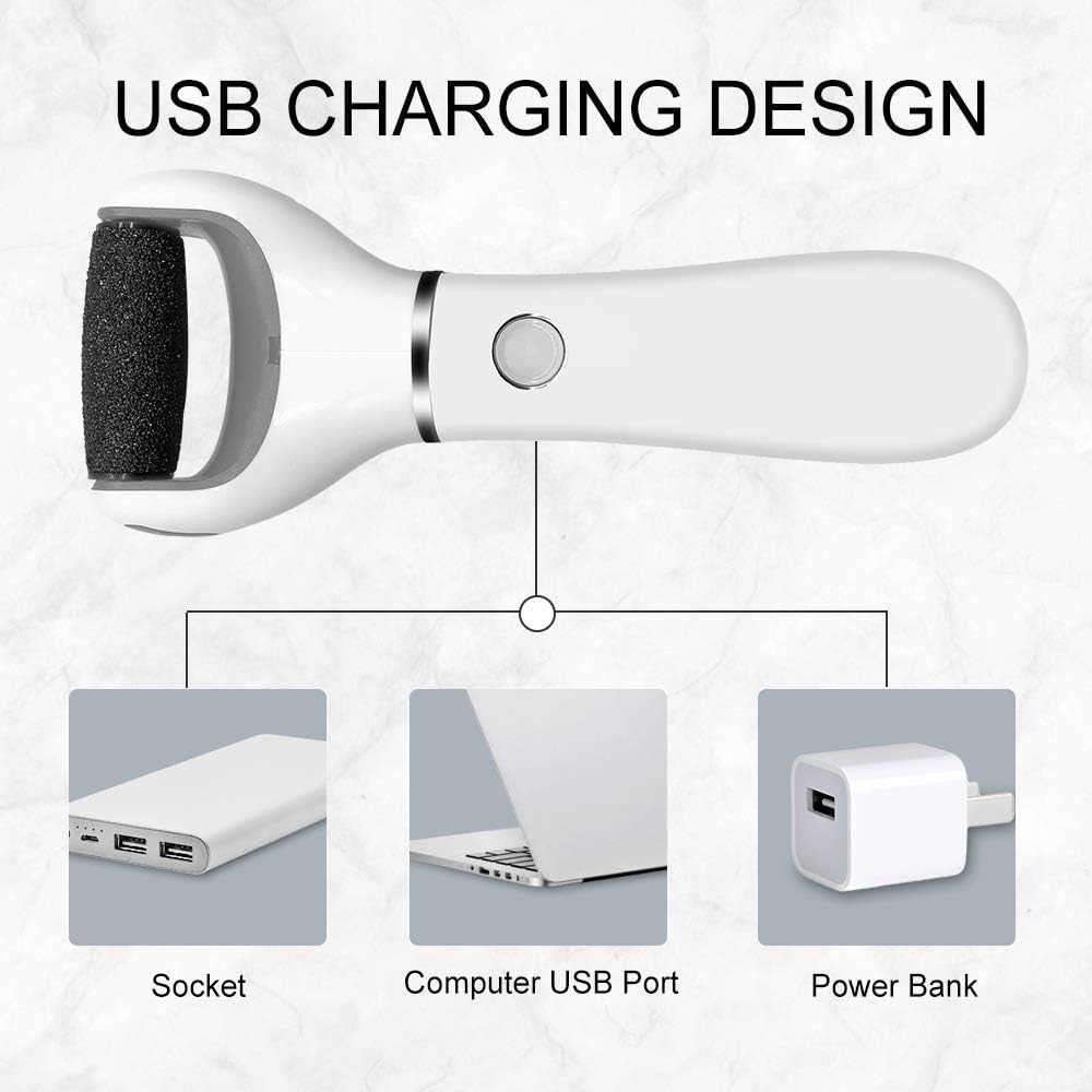 BOMPOW Electric Foot Scrubber Foot File Hard Skin Remover Pedicure Tools Electronic Callus kit for Cracked Heels and Dead Skin with 2 Roller Heads, White