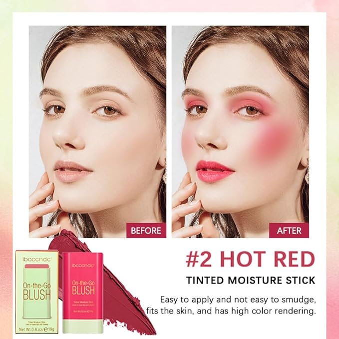 Multi-Use Makeup Blush Stick, 3-in-1 Cream Blush Stick Beauty Tinted Solid Blush Stick for Cheek/Eyes/Lips, Waterproof Moisturizer Stick, Suitable for All Skin (02# Hot Red)