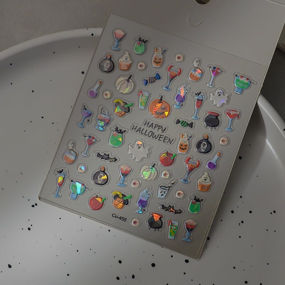 Halloween Nails Stickers Laser Ghost Nails Sticker 3D Embossed Horrible Pumpkin Self Adhesive Sticker Nail Decals Funny Glasses Nail Art Decal Halloween Decals for Nail DIY Manicure 1Sheet