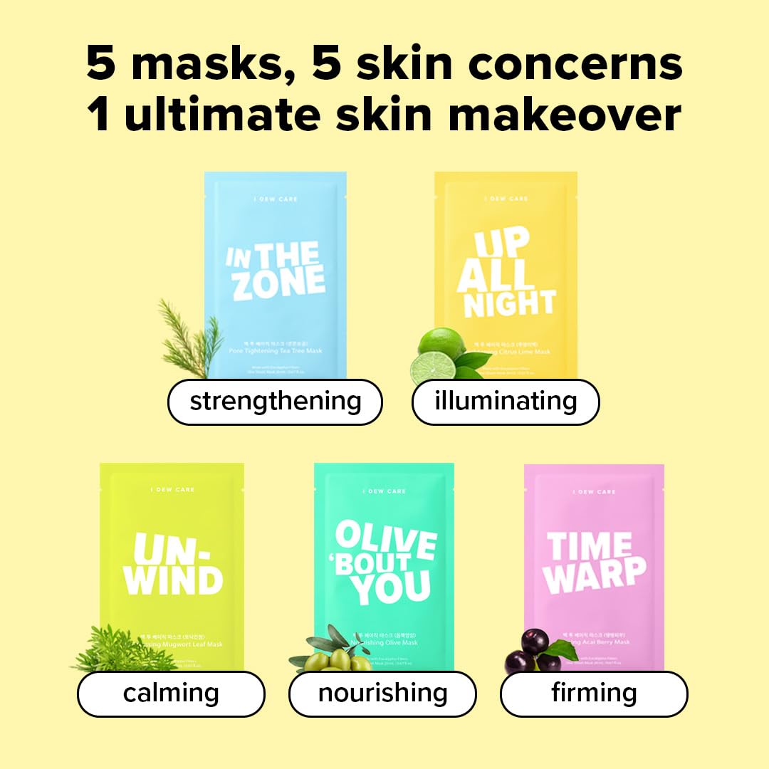 I DEW CARE Glass Skin Face Mask Variety Pack - Let's Do This Sheet | For Perfect Care Routine, Korean Face Masks Skincare, Olive Extract, Chamomile, Vitamin B3, Moisturizing, 5 Count