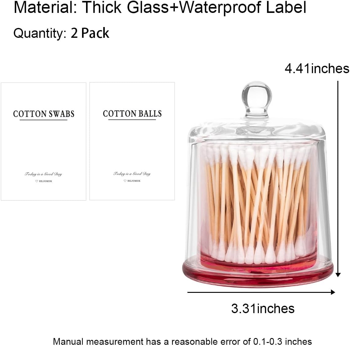 rejomiik 2 Pack Qtip Holder Thick Glass Apothecary Jars with Lid for Bathroom Accessories Vanity Organizers and Makeup Storage for Cotton Ball, Swabs, Makeup Sponges, Candy, Jewelry, Pink