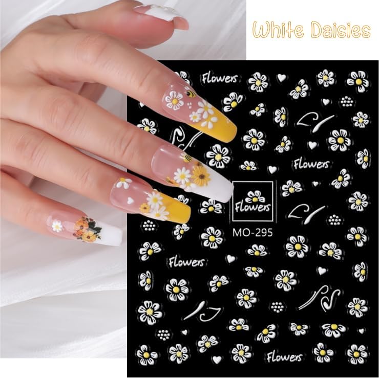 Bee Nail Stickers 3 Sheets Self-Adhesive Daisy Nail Decals White 5D Embossed Floral Nail Art Stickers for Women DIY Manicure Accessories Decorations