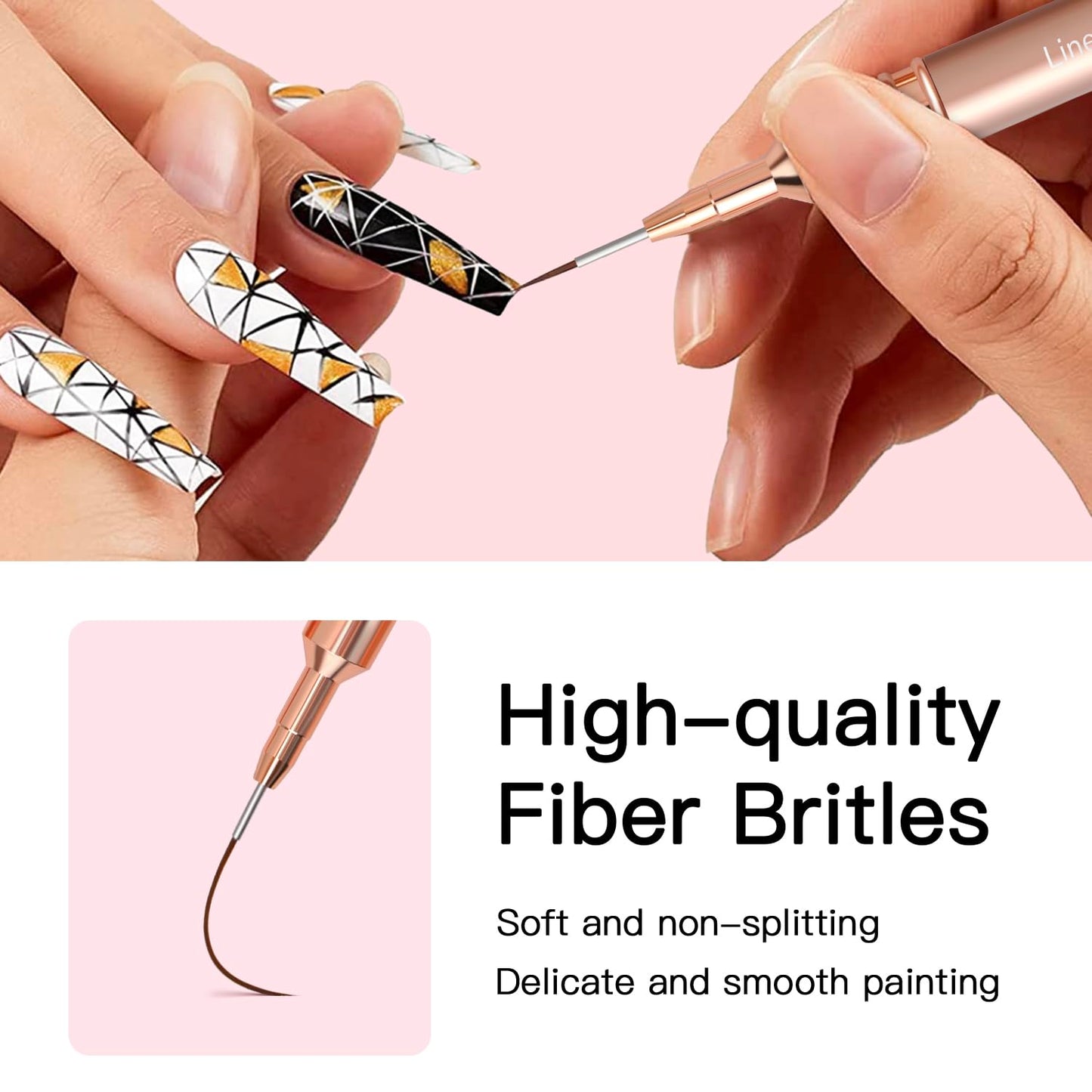 Metallic Nail Art Brushes, 5Pcs Liner Brush Set, UV Gel Polish Painting Art Design Pen for Long Lines, Thin Details, Fine Drawing Sizes 4/8/12/20/25mm(Champagne Gold)