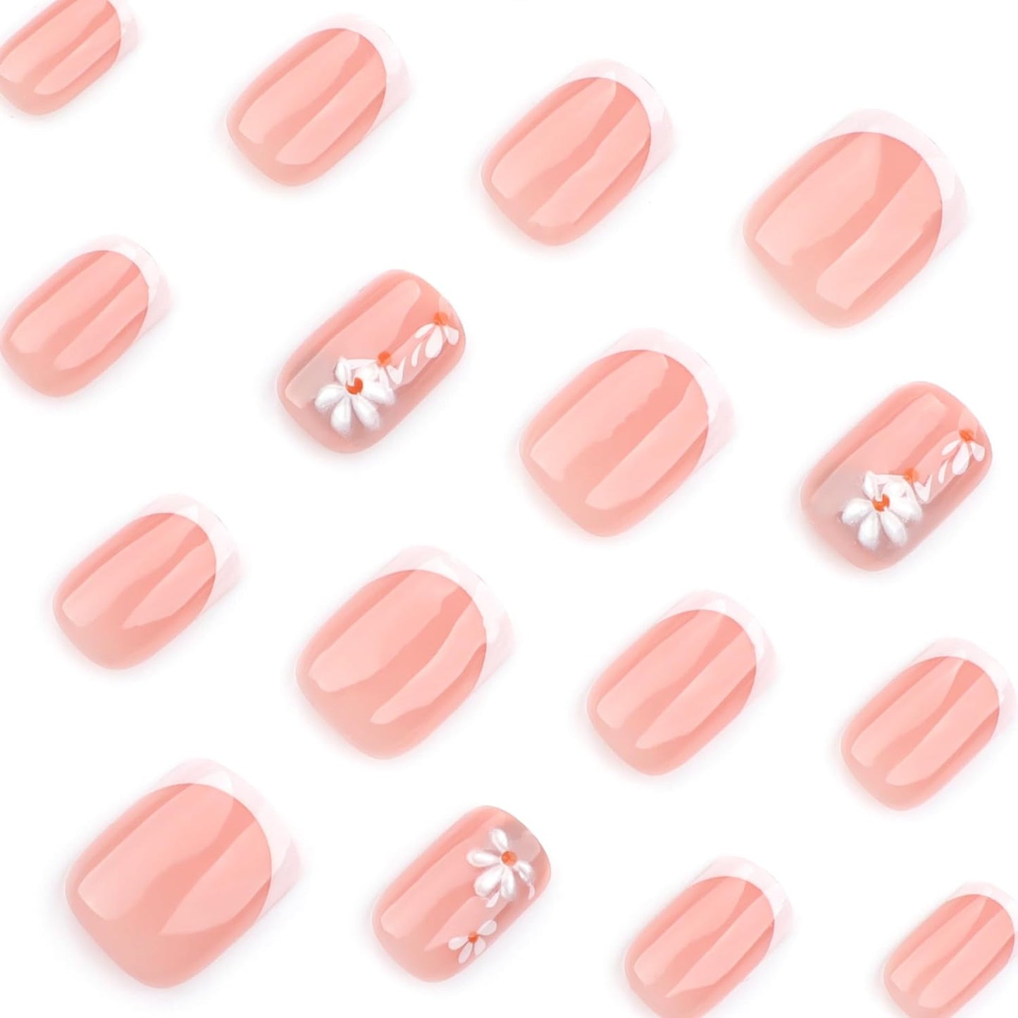 French Nude Press On Nails Short Square, Summer Fake Nails with White French Tip and 3D Daisy Flower Design, Glossy Gel Finish Acrylic Nails, Natural Reusable Glue On Nails Kit for Women, 24 Pcs