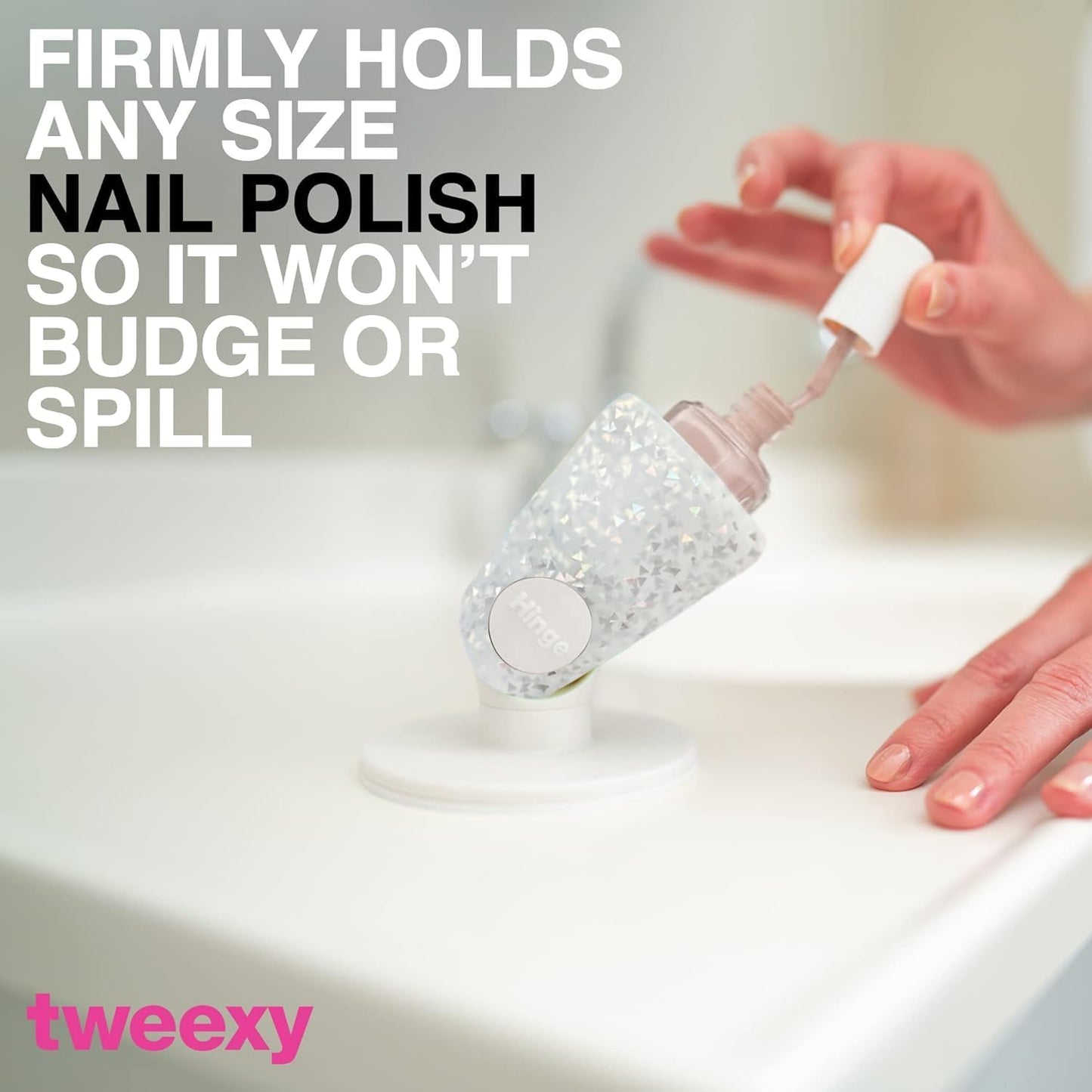Tweexy Hinge Untippable Anti-Spill Nail Polish Holder | Smartgrip Suction Stand, Tilted for Fingernail Painting & Nail Art (Silver Sparkle)