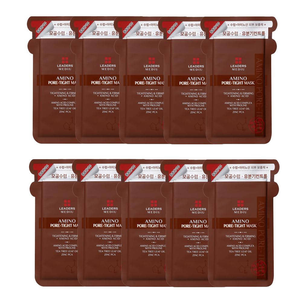 Leaders Mediu Amino Pore-Tight Facial Sheet Mask | Amino Acid Complex, Tea Tree Oil, Zinc PCA for Acne-Prone, Oily Skin, Minimizes Pores, Matte Finish (10 Sheets)