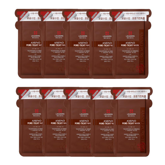 Leaders Mediu Amino Pore-Tight Facial Sheet Mask | Amino Acid Complex, Tea Tree Oil, Zinc PCA for Acne-Prone, Oily Skin, Minimizes Pores, Matte Finish (10 Sheets)