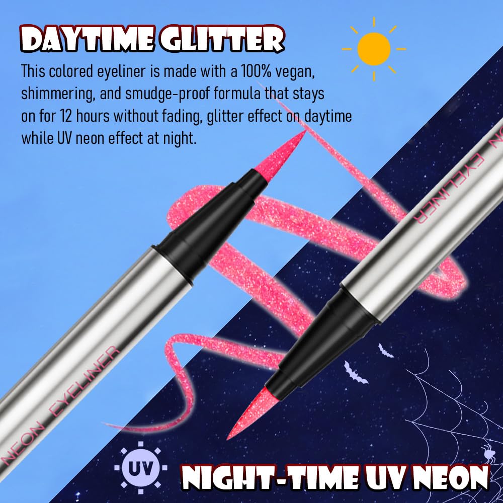 evpct Pink Shimmer Eyeliner UV Neon Gel Eyeliner Pencil Makeup, Rainbow Halloween Colored Colorful Gel Eye Liner Pen Glow in Dark Makeup, Long Lasting Waterproof Eyeliners for Face Body Painting