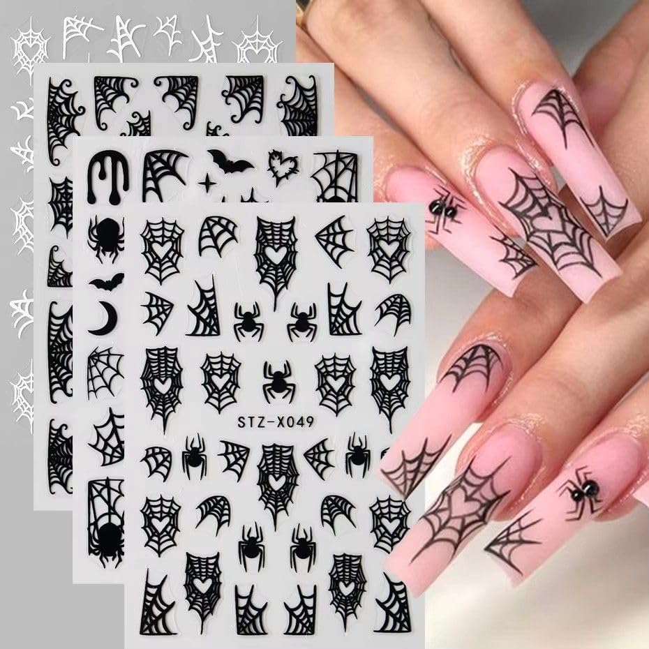 Halloween Nails Stickers Black Spider Web Nails Sticker 3D Embossed White Web Self Adhesive Sticker Nail Decals Black White Heart Web Nail Art Decals Halloween Decals for Nail DIY Manicure 4Sheet