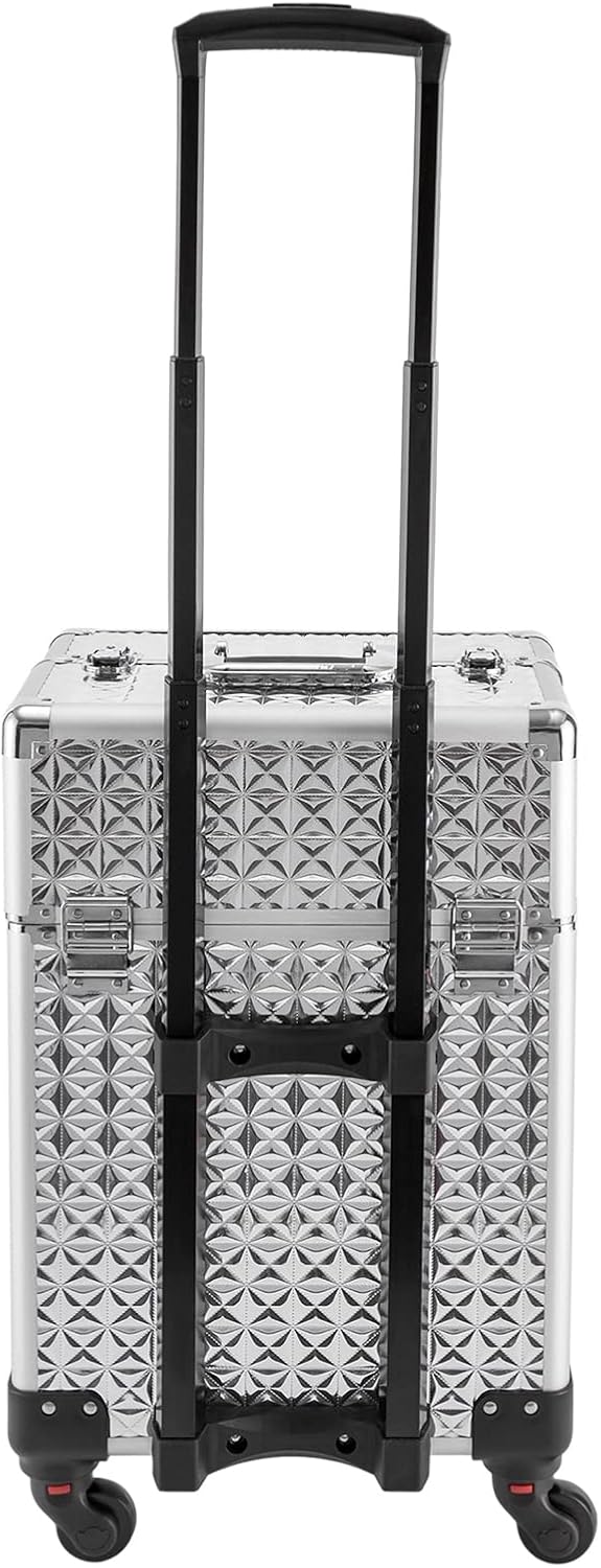 Rolling Makeup Train Case Professional Cosmetic Organizer Large Capacity Trolley Makeup Travel Case with 360° Swivel Wheels for Makeup Artist (Silver)