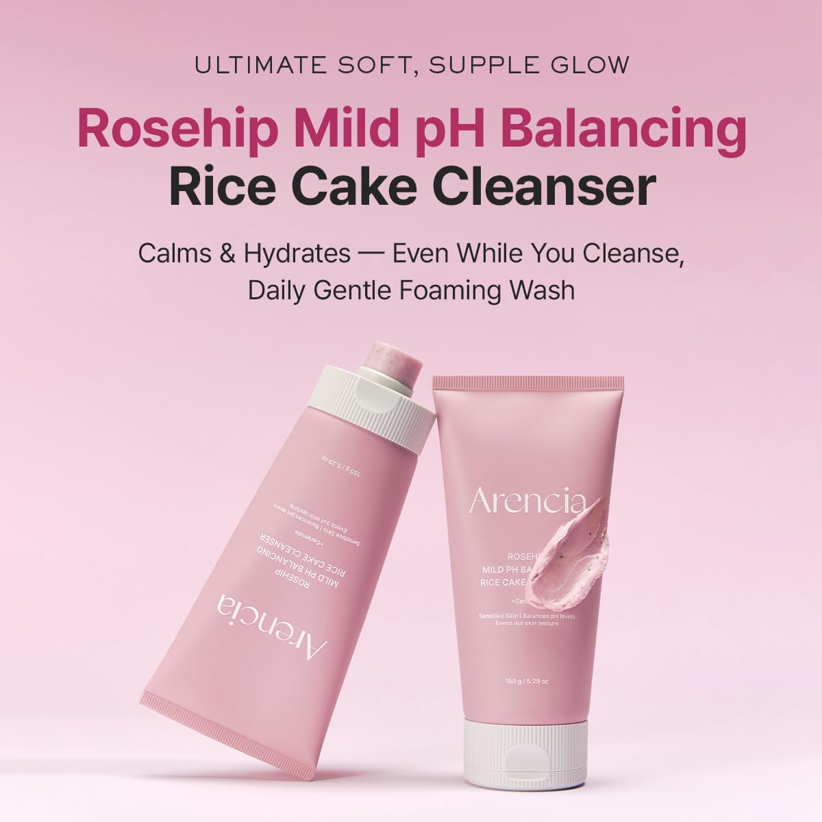 Rosehip Rice Cake Cleanser, pH Balancing Face Wash with Ceramide for Sensitive Skin, 5.29 oz