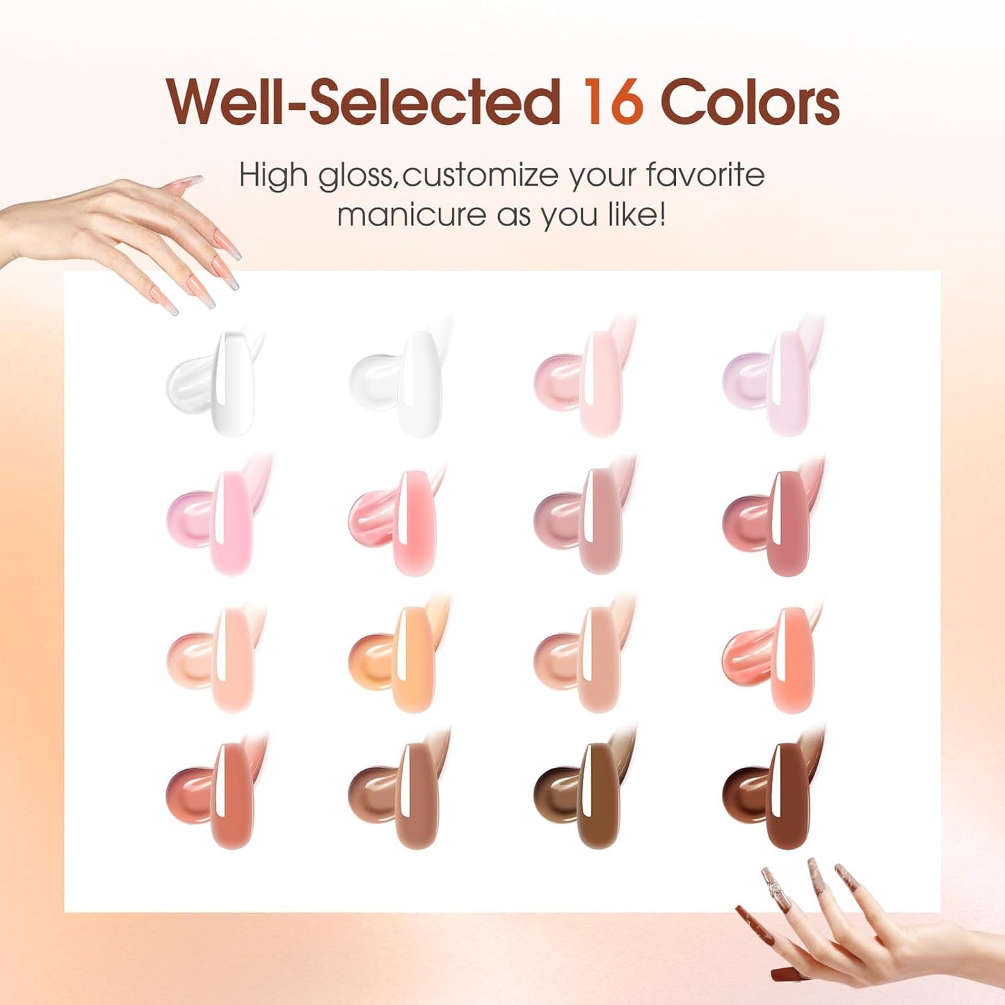 ROSALIND Poly Nail Gel Kit -16 Colors + White Brown Nail Art Accessories kit Clear Nude Poly Nails Gel Kit Starter Kit With Slip Solution Nude Pink Nail Extensions Gel Set with Mini UV Lamp