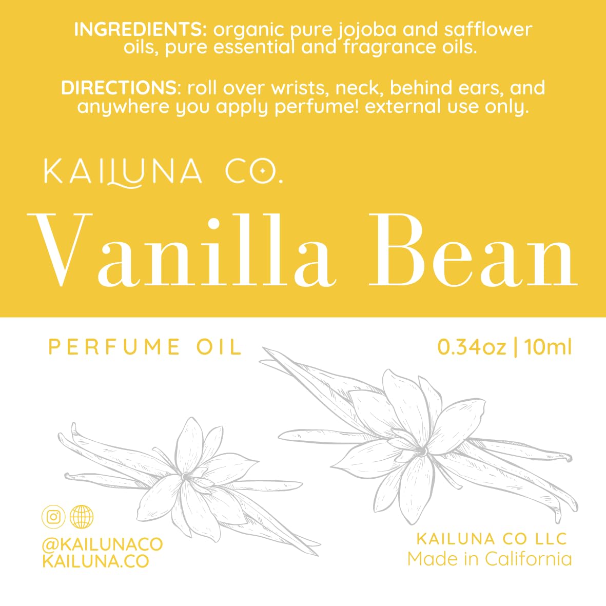 Vanilla Bean Delicious Pure Essential and Fragrance Oil Perfume Roll On with Organic Jojoba Oil, Alcohol Free, Small-Batch, Made in California, 0.34 Fl Oz