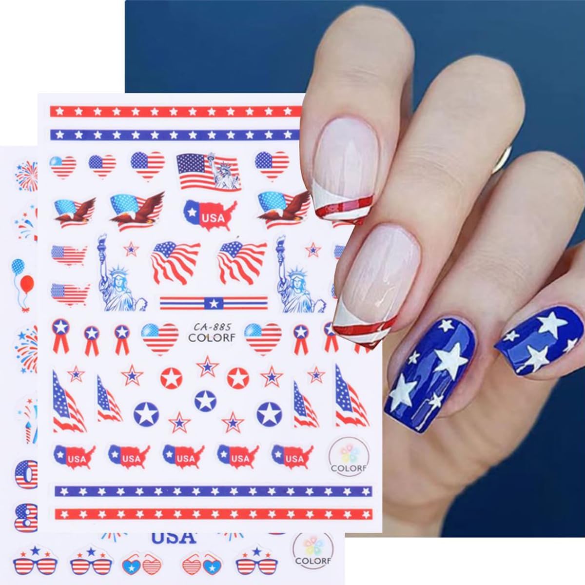 8Pcs Multicolor USA Flag Patriotic Nail Stickers, Self-Adhesive, Paper, Rectangular, 2x3 Inches, Single Use, Outdoor, Nail Art