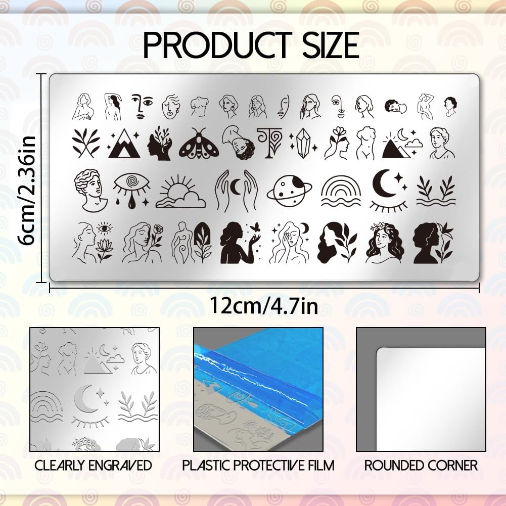 UNICRAFTALE 6Pcs Nail Stamp Plates Set Abstract Lady Face Nail Stamping Plate Boho Plant Stamp Templates Image Nail Stencils Nail Art Plates with Nail Scraper for Women DIY Nail Design Tools