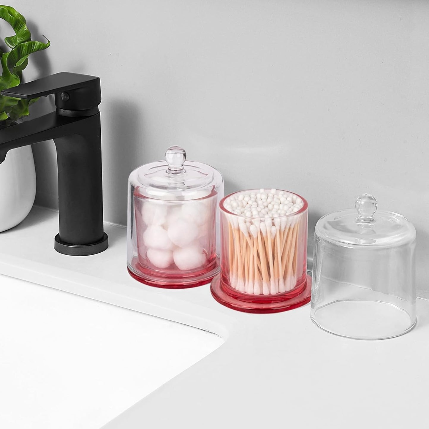 rejomiik 2 Pack Qtip Holder Thick Glass Apothecary Jars with Lid for Bathroom Accessories Vanity Organizers and Makeup Storage for Cotton Ball, Swabs, Makeup Sponges, Candy, Jewelry, Pink