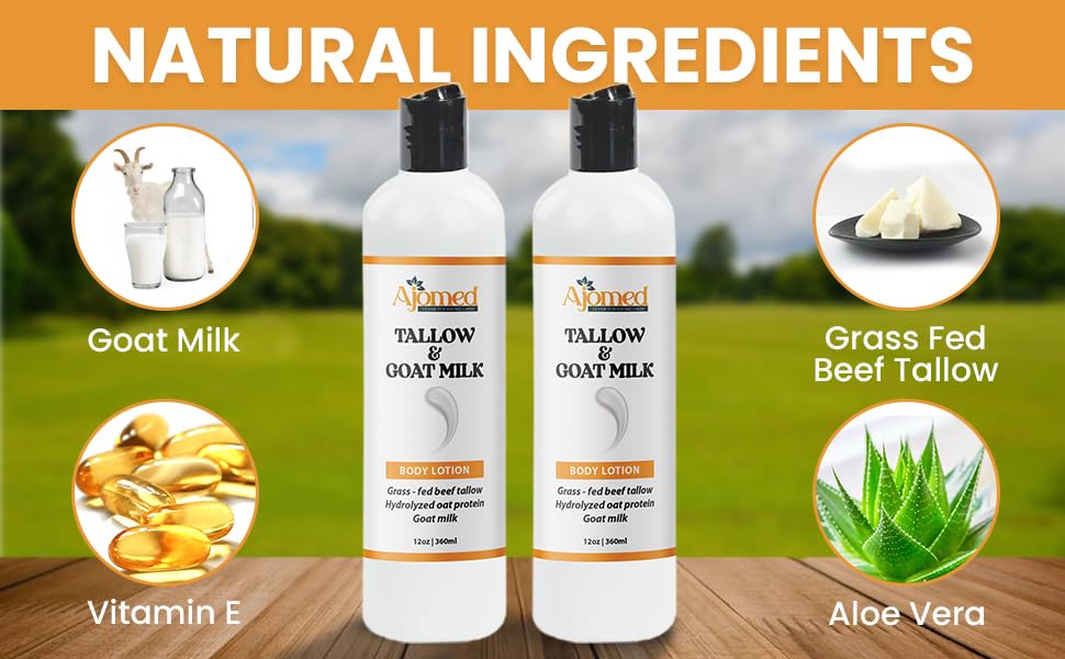 Grass Fed Beef Tallow & Goat Milk Body Lotion for Sensitive Skin, Organic Tallow Lotion - Soothes Dry Patches, Goat Milk Moisturizer - Handmade Tallow Body Lotion (Lavender Vanilla, 12 Oz)