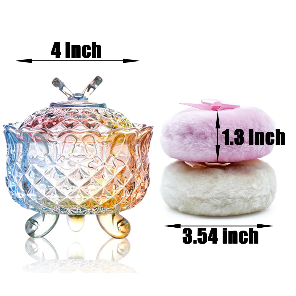 Luxury 4 Inch Glass Loose Powder Container with 2 Soft 3.5" Puffs｜Non-Sealed Refillable Organizer Storage for Body Powder Makeup & Jewelry & Setting Applicator(Butterfly-Colorful)