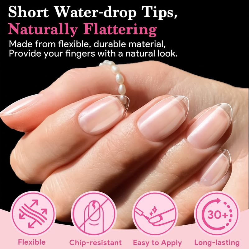 Short Water-drop False Nail Tips, 15 Sizes 510 PCS Clear Soft Press On Fake Nail Pre-shaped Half Matte Full Cover Gel Nail Tips Extensions Strong Long Lasting for DIY Beginners & Salon Manicure