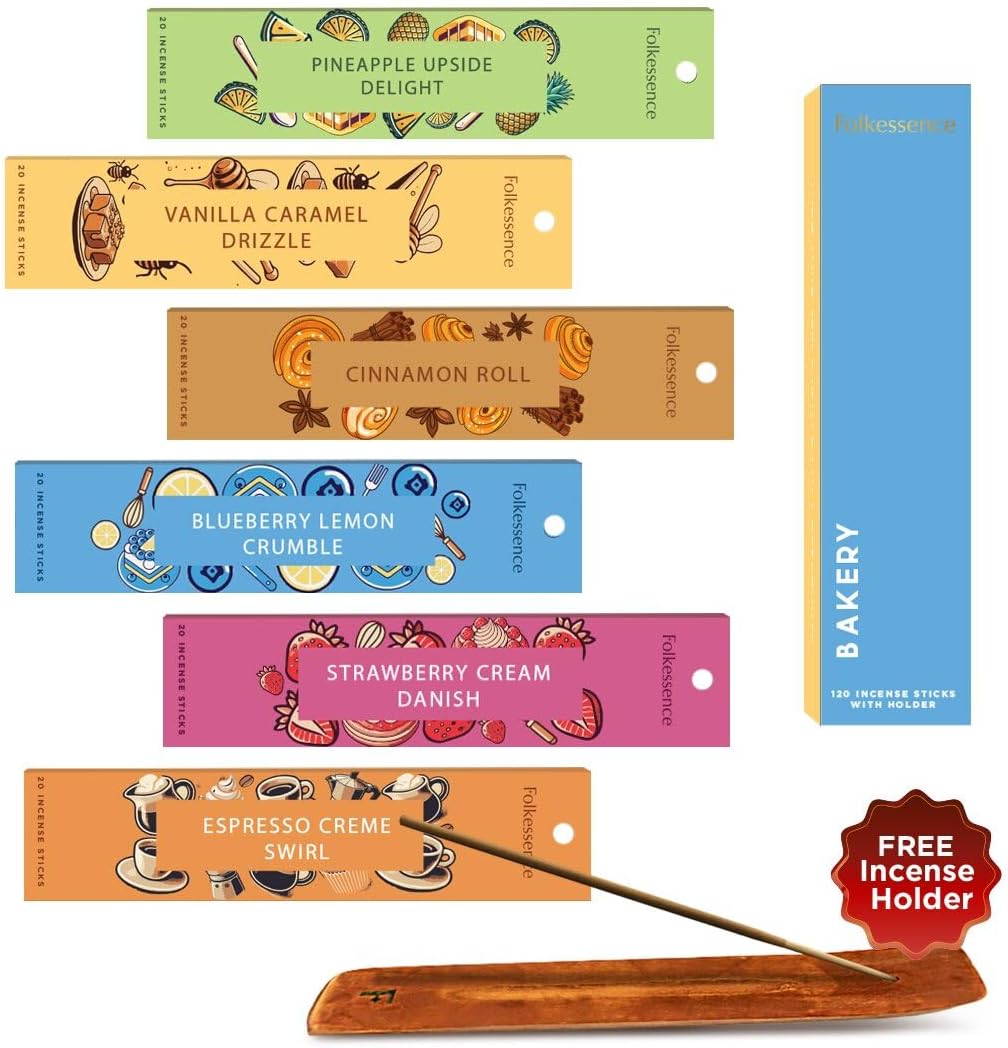 Folkulture Incense Sticks with Holder for Gift | Set of 6 (120) Non Toxic Fall Incense Sticks with 45 Mins Burn Time | Bakery Themed Organic Fall Scents- Vanilla Caramel, Strawberry, Cinnamon Insense