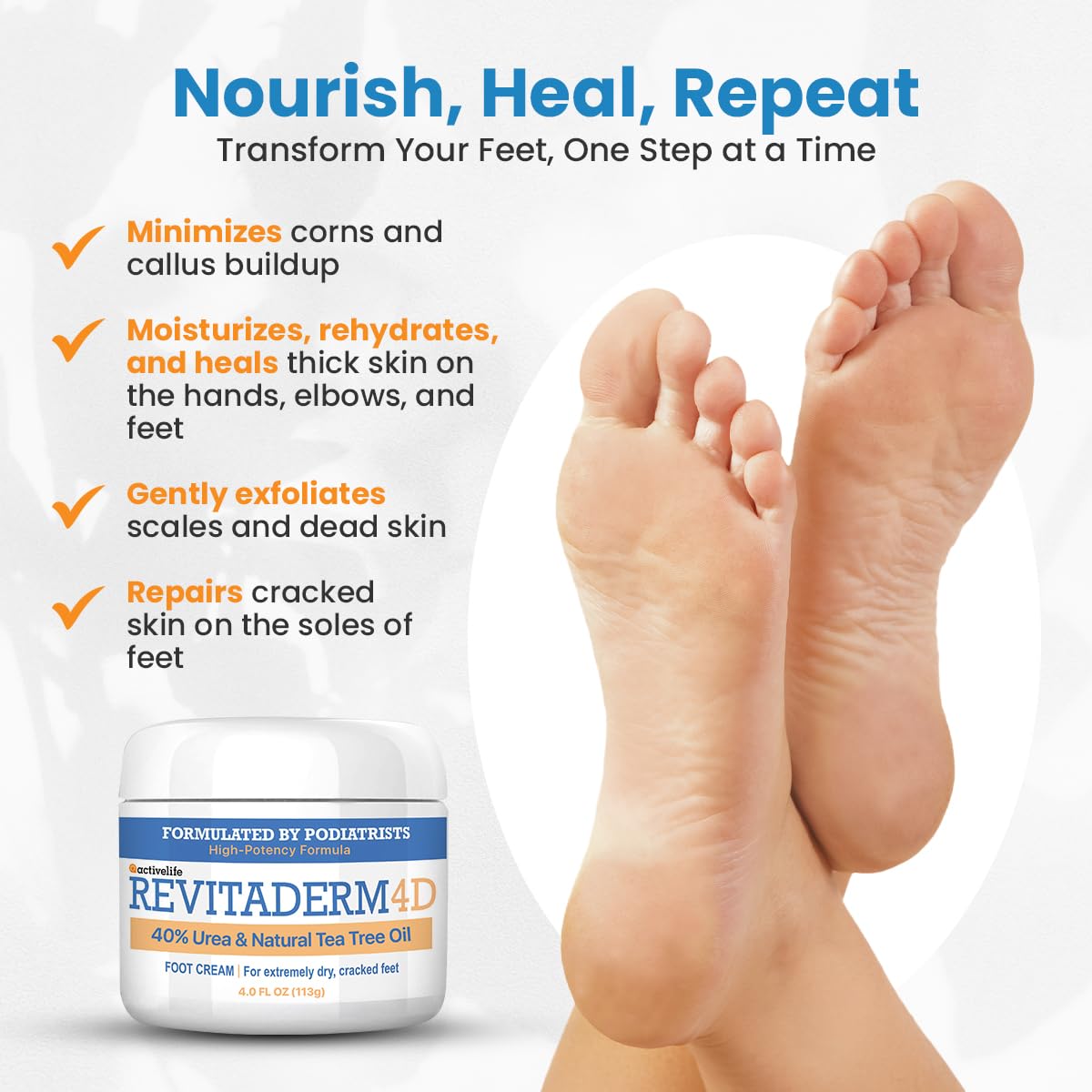 Revitaderm 4D Urea Cream 40% for Feet, Intensive Moisturizing Foot Cream for Dry, Rough, Callused Skin, Includes Free Pumice Stone and Exfoliating Brush, Fast-Absorbing, Fragrance-Free, 4oz, 3 Pack